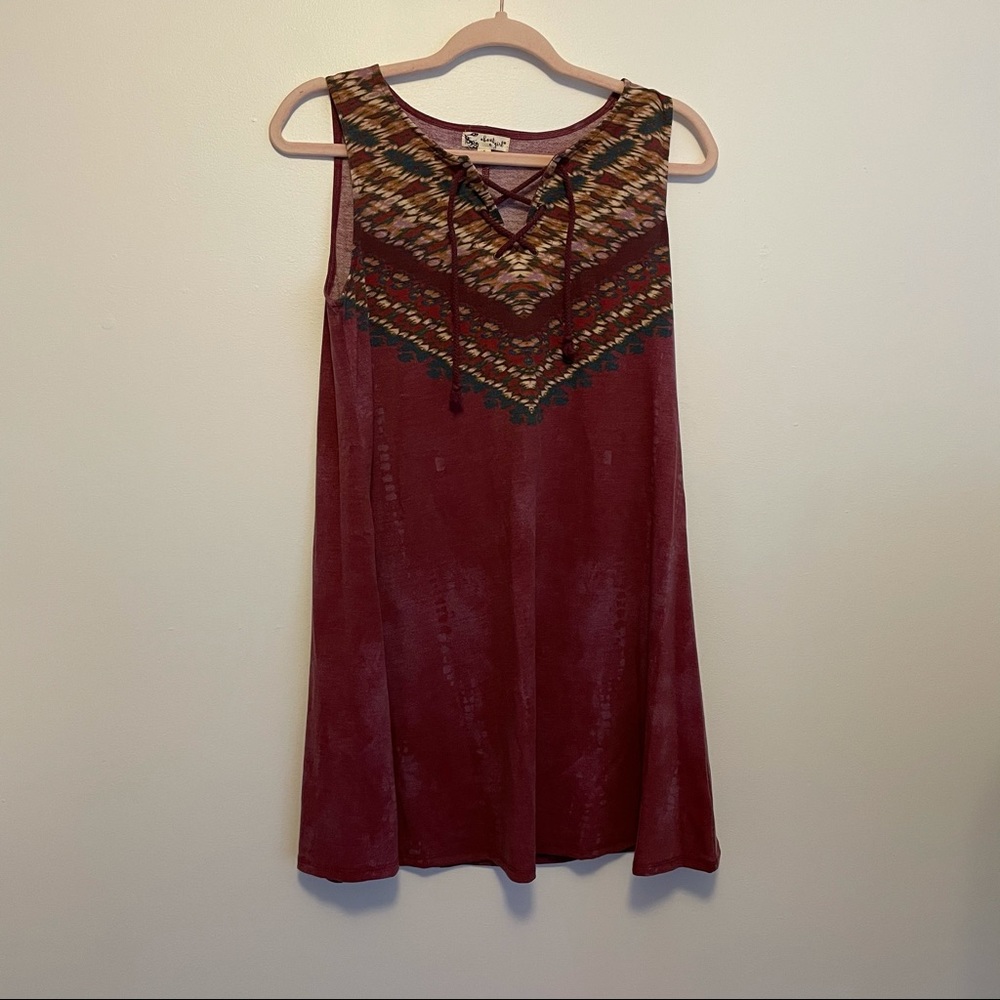 Red patterned tank top dress with lace up neckline